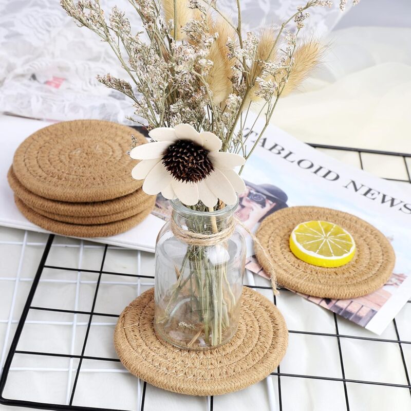 pcs Coffee Color Coasters, 11.5Cm ROund Woven Coasters Water Absorption Woven Drink Coasters Heat Resistant Coasters - Image 4
