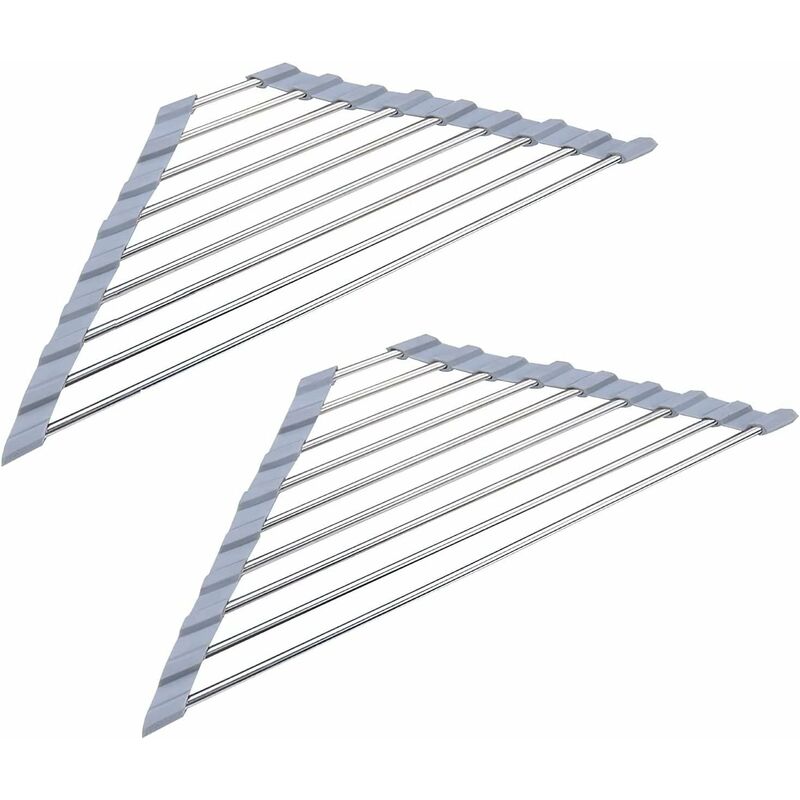 2 Pack Stainless Steel Foldable Triangular Drainer Rack For Kitchen Sink Non-Slip Grey - Image 1