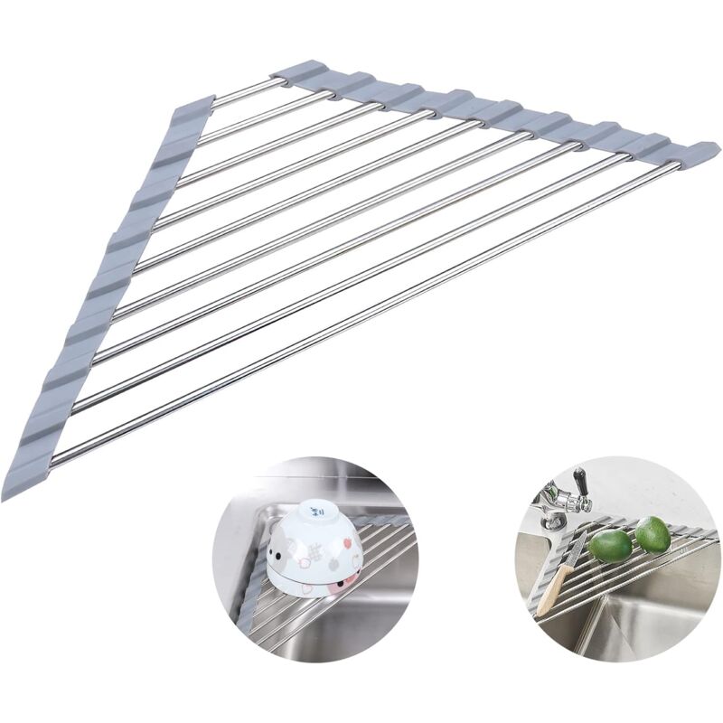 2 Pack Stainless Steel Foldable Triangular Drainer Rack For Kitchen Sink Non-Slip Grey - Image 3
