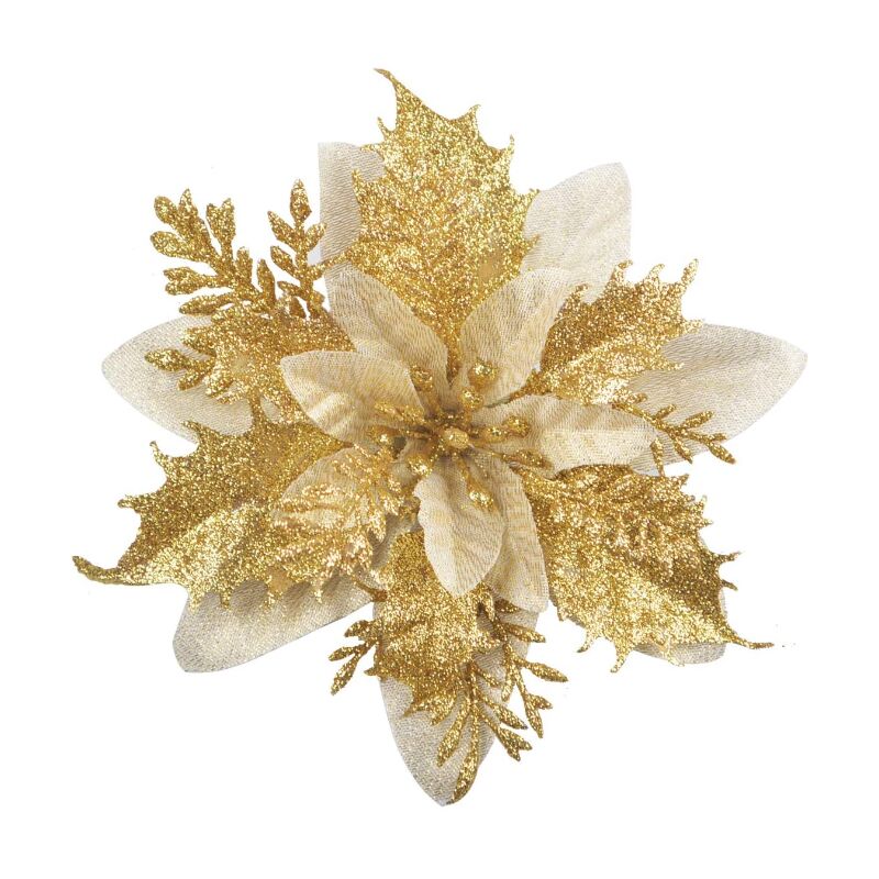 12 pcs Glitter Christmas Flowers (15Cm) With 12 pcs Artificial Poinsettia For Christmas Tree（Gold） - Image 1