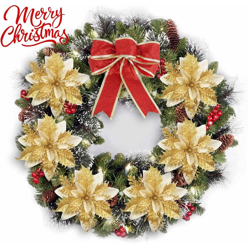 12 pcs Glitter Christmas Flowers (15Cm) With 12 pcs Artificial Poinsettia For Christmas Tree（Gold） - Image 3