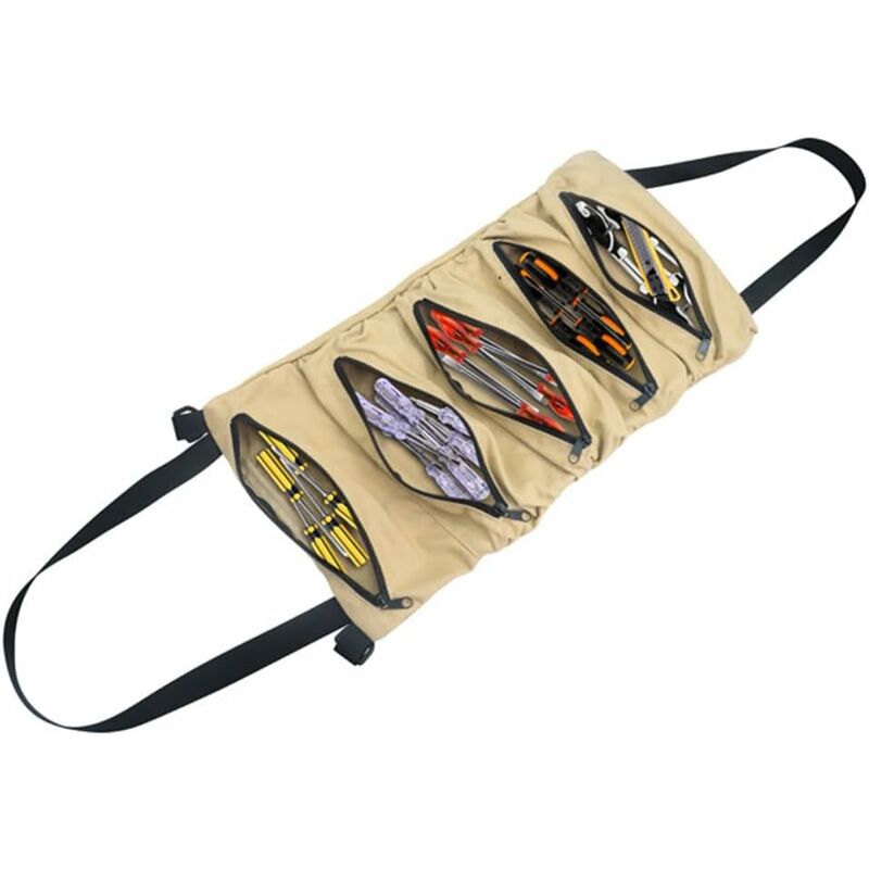 ROll-Up Tool Bag, Canvas Tool Bag, Multi-Purpose Tool Bag With 5 Zipper Pockets, For Electrician, Mechanic, Khaki - Image 1