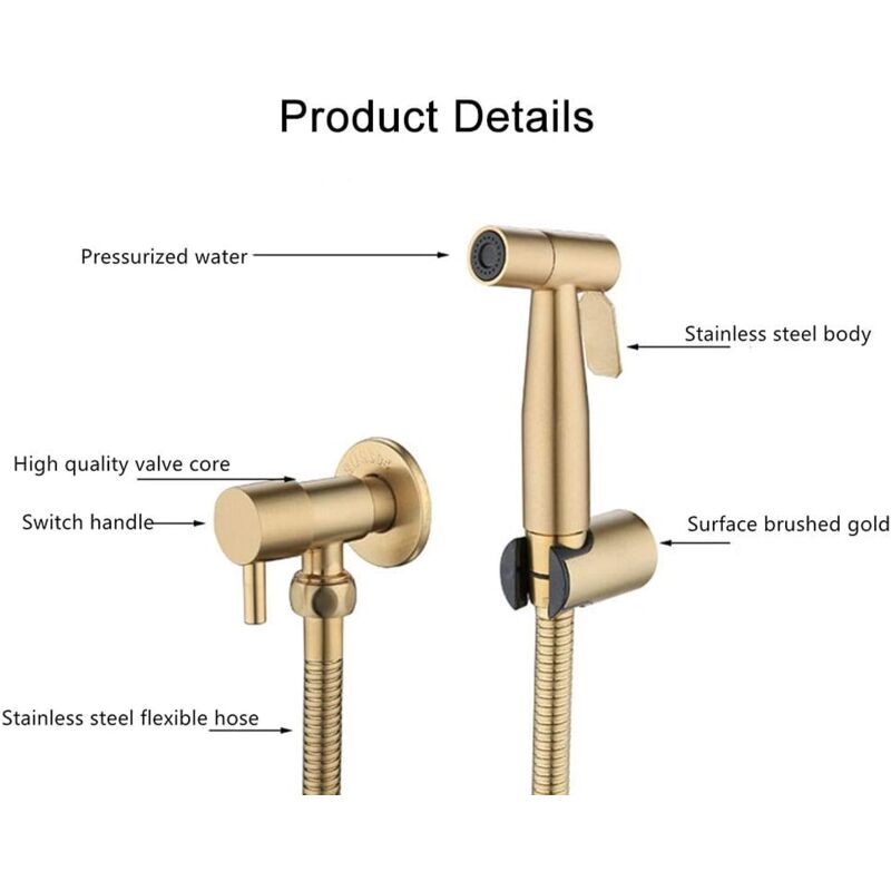 Stainless Steel Toilet Bidet Shattaf Faucet Sprayer, Bidet Sprayer Kit (Gold) - Image 3