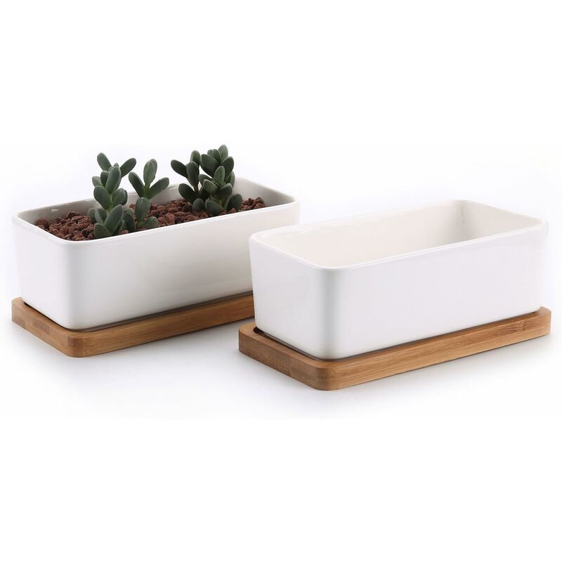 17Cm Ceramic Succulent Pot With Bamboo Tray White 2 pcs Set, Cactus Planter Cache Pot Jardinière Container Gift For - Image 1