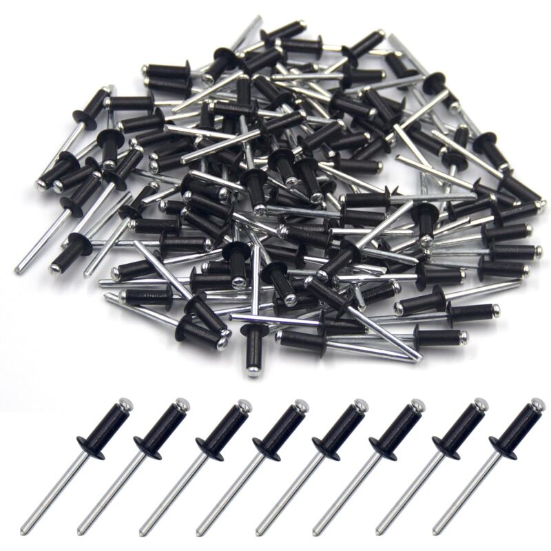 100 pcs 4.8 X 12Mm Aluminum Blind Rivets, Open End Rivets, Pop Rivets, Pack Of 100 (Black) - Image 1