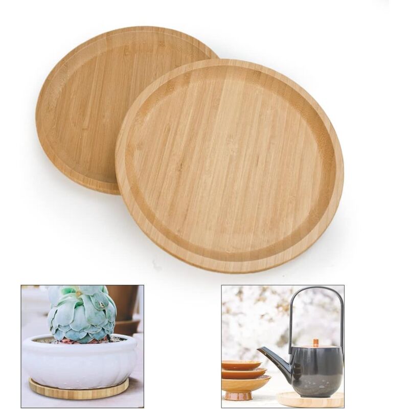 2 Piece Bamboo Saucers 20Cm ROund Bamboo Tray Bamboo Plant Saucer ROund Serving Tray Wooden Flower Pot Saucer For Cups, - Image 1