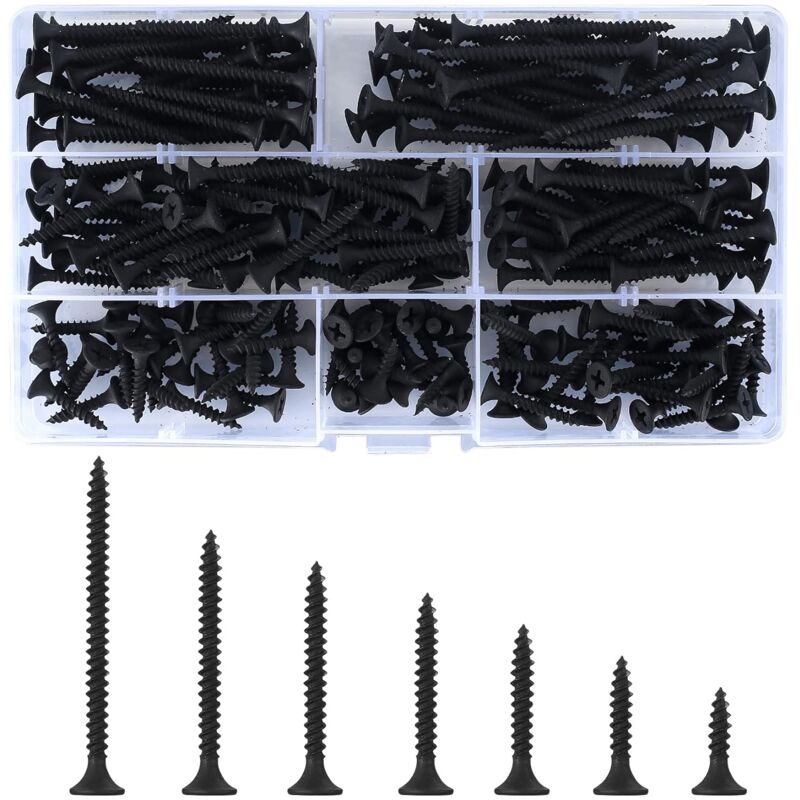 220 pcs Self Tapping Wood Screws, Black Cross Flat Head Self Drilling Screw, Metal Screws For Drywall Furniture - M3.5 - Image 1