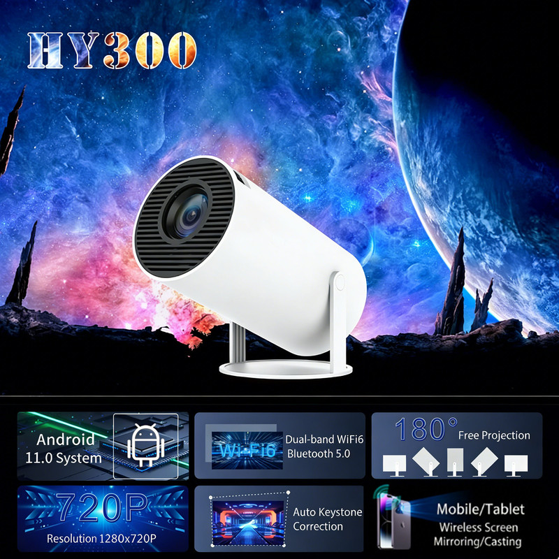 HY300PRO Mini Projector with WiFi and Bluetooth, Portable Projector 720p Support, Auto Keystone, 180 Degree Rotation, Smart Proyector for Home Outdoor - Image 1