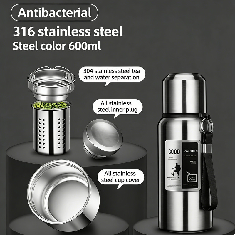 Antibacterial 316 Stainless Steel Vacuum Flask 600ml | Tea Infuser & Insulated Bottle for Hot/Cold Drinks (Bright silver) - Image 1