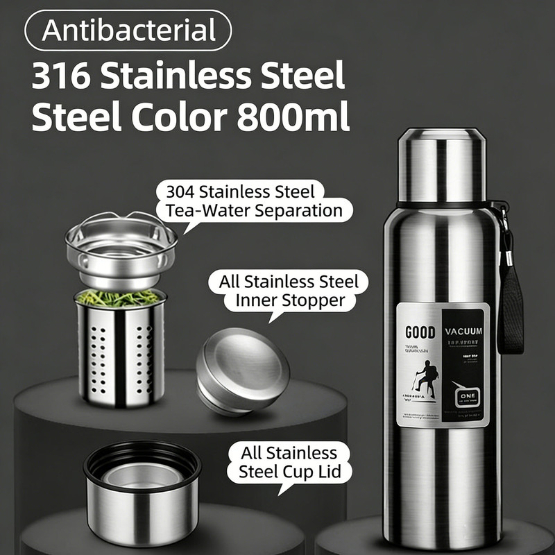 Antibacterial 316 Stainless Steel Vacuum Flask 800ml | Tea Infuser & Insulated Bottle for Hot/Cold Drinks (Bright silver) - Image 1