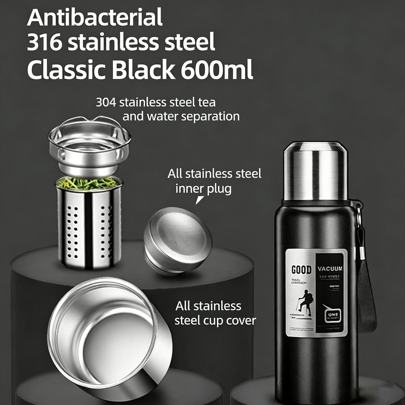 Antibacterial 316 Stainless Steel Vacuum Flask 600ml | Tea Infuser & Insulated Bottle for Hot/Cold Drinks (Black) - Image 1