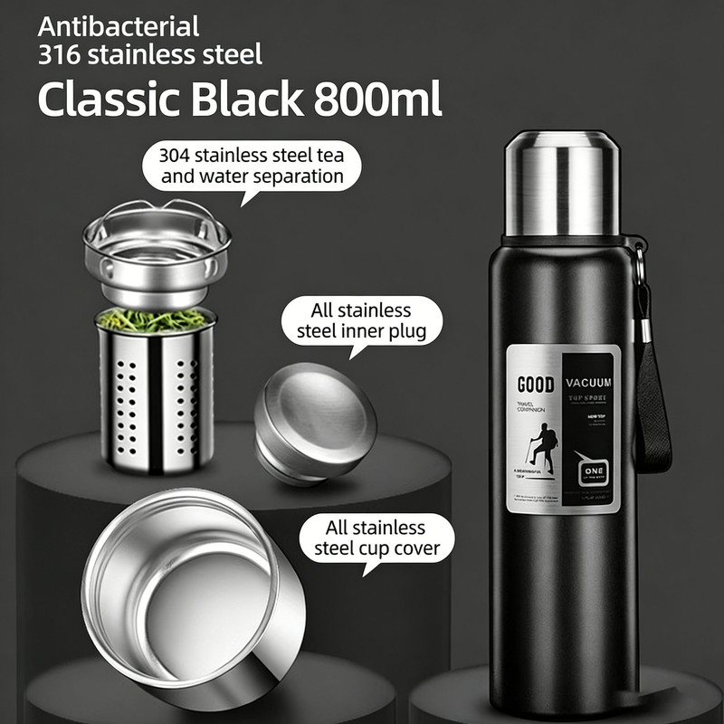 Antibacterial 316 Stainless Steel Vacuum Flask 800ml | Tea Infuser & Insulated Bottle for Hot/Cold Drinks (Black) - Image 1