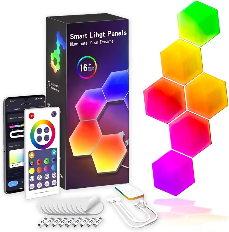 6 Pack Hexagon LED Wall Lights, Smart RGB Honeycomb Lights with APP & Voice Control, Music Sync Modular LED Panels for Gaming Room, Bedroom & Home Theater Decor - Image 1