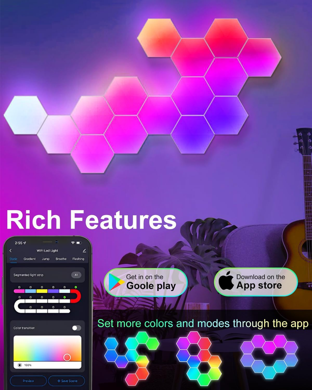 6 Pack Hexagon LED Wall Lights, Smart RGB Honeycomb Lights with APP & Voice Control, Music Sync Modular LED Panels for Gaming Room, Bedroom & Home Theater Decor - Image 2