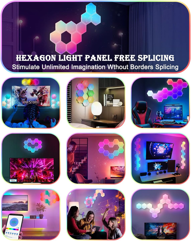 6 Pack Hexagon LED Wall Lights, Smart RGB Honeycomb Lights with APP & Voice Control, Music Sync Modular LED Panels for Gaming Room, Bedroom & Home Theater Decor - Image 6