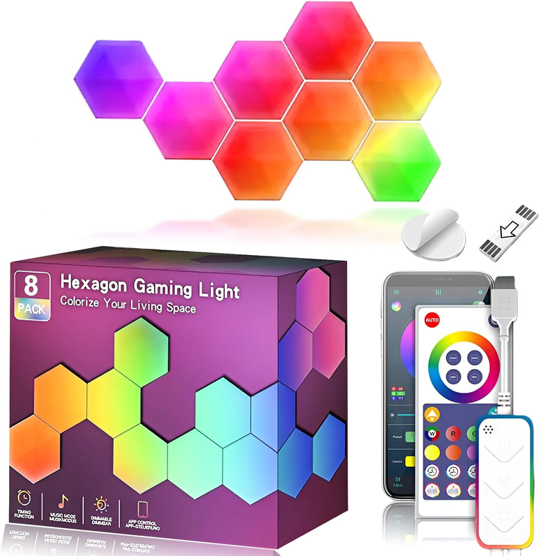 8 Pack Hexagon LED Wall Lights, Smart RGB Honeycomb Lights with APP & Voice Control, Music Sync Modular LED Panels for Gaming Room, Bedroom & Home Theater Decor - Image 1
