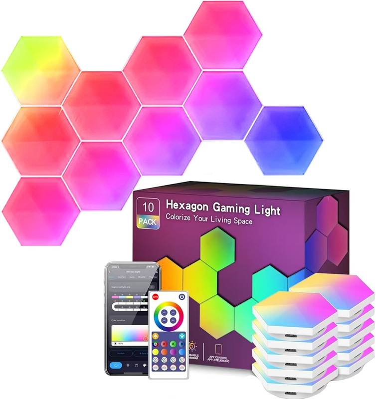10 Pack Hexagon LED Wall Lights, Smart RGB Honeycomb Lights with APP & Voice Control, Music Sync Modular LED Panels for Gaming Room, Bedroom & Home Theater Decor - Image 1