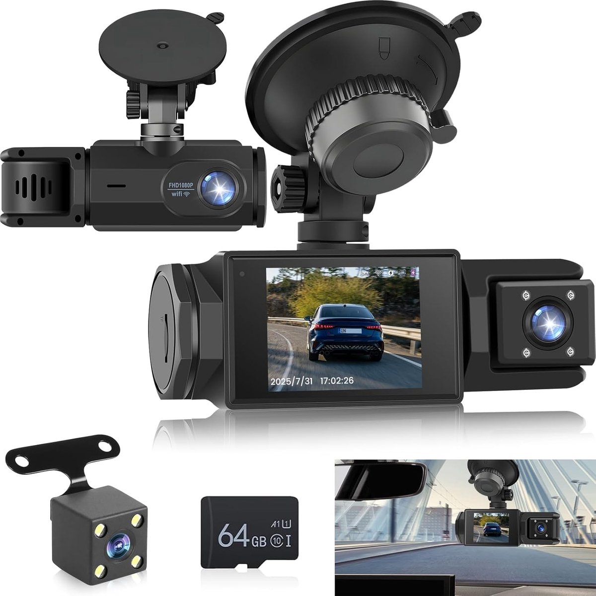 WiFi Car Dash Cam – 3-Channel Wireless Camera with App, Front, Interior, and Rear Cameras, Full HD 1080p, 2-inch IPS Screen, Night Vision, Motion Detection, Loop Recording, 64GB Memory Card Included - Image 1