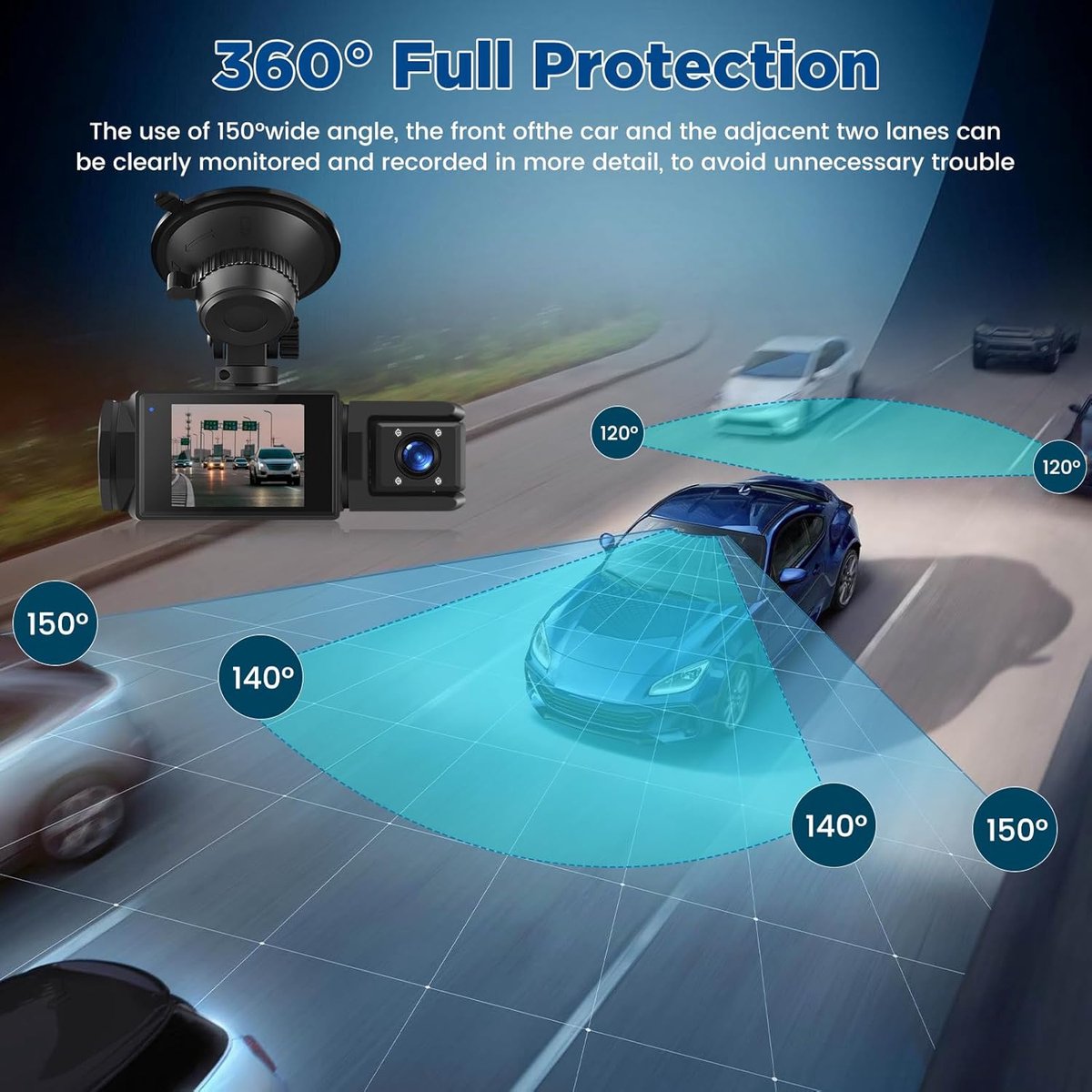 WiFi Car Dash Cam – 3-Channel Wireless Camera with App, Front, Interior, and Rear Cameras, Full HD 1080p, 2-inch IPS Screen, Night Vision, Motion Detection, Loop Recording, 64GB Memory Card Included - Image 3