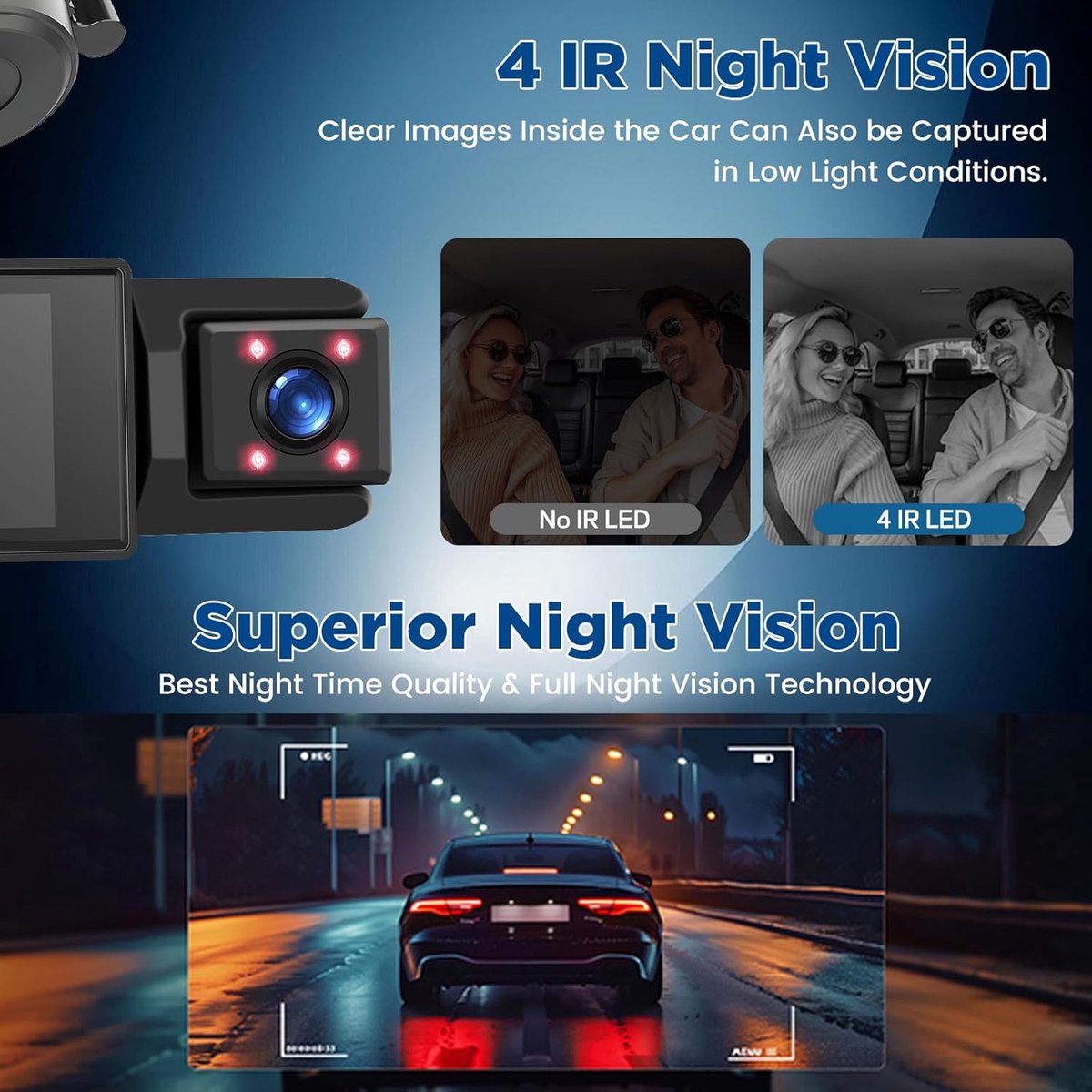 WiFi Car Dash Cam – 3-Channel Wireless Camera with App, Front, Interior, and Rear Cameras, Full HD 1080p, 2-inch IPS Screen, Night Vision, Motion Detection, Loop Recording, 64GB Memory Card Included - Image 5