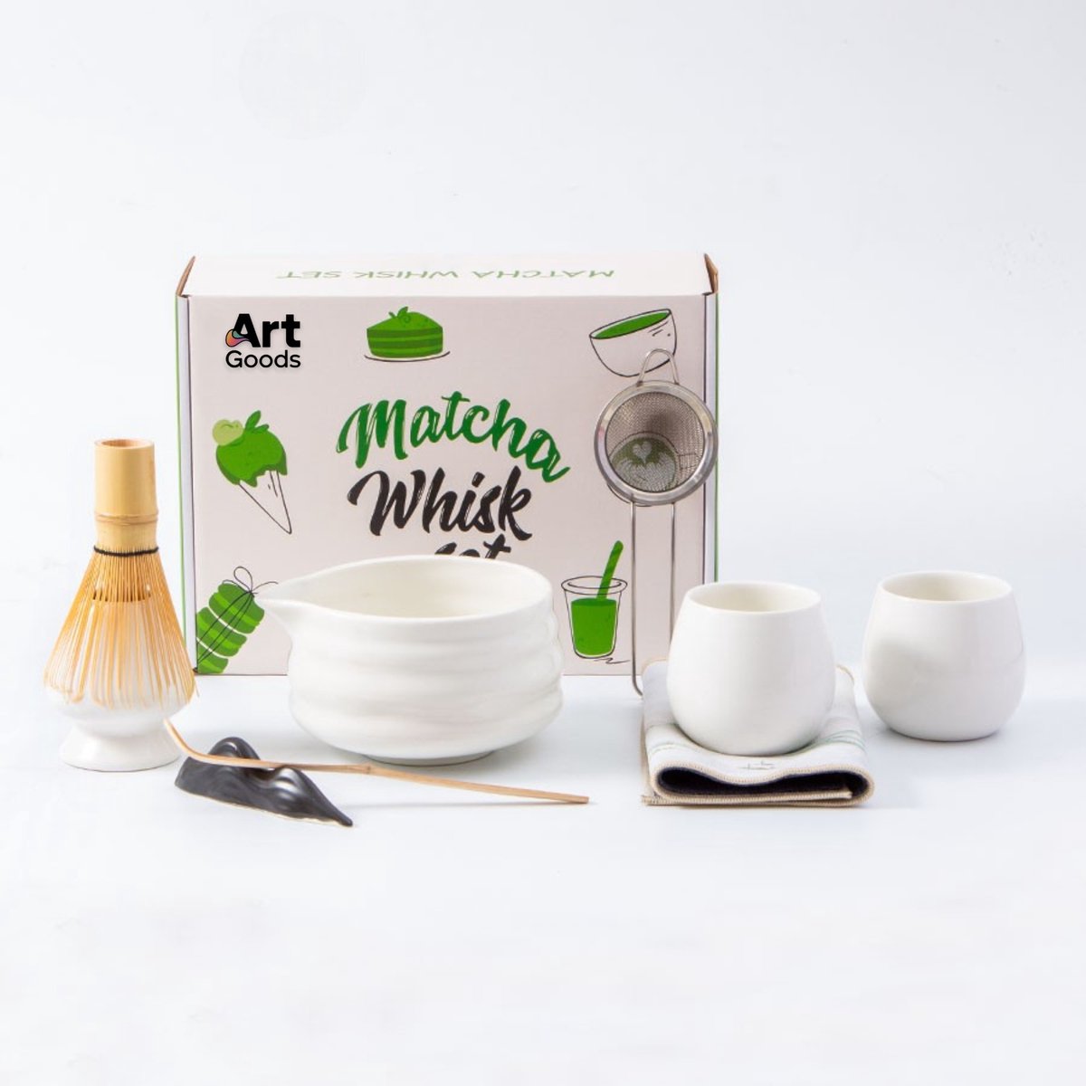 Art Goods Matcha Set 9-Piece – Complete Japanese Tea Set – White Matcha Bowl with Spout, Whisk, Cups & Accessories – Gift for Women - Image 1