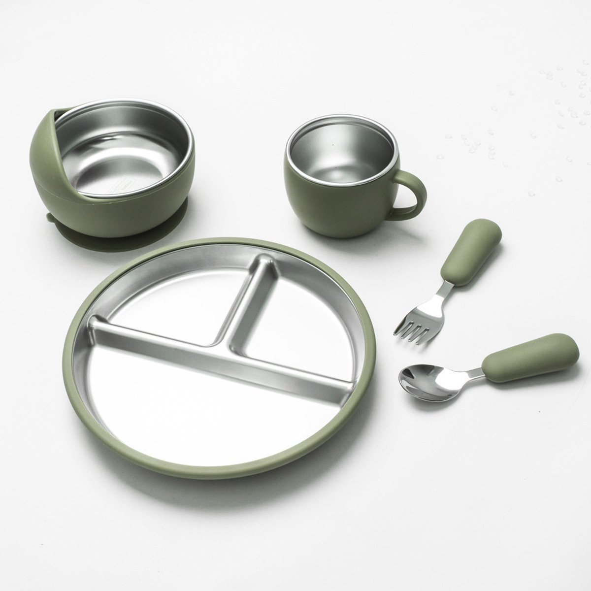 5-Piece Set - Children's Plate - Baby Plate in Stainless Steel - BPA-Free - Non-Slip - Unbreakable - Removable - Suitable for Children 1-3 Years Old - Includes Plate, Bowl, Cup, Fork, Spoon - Grass Green - Image 1