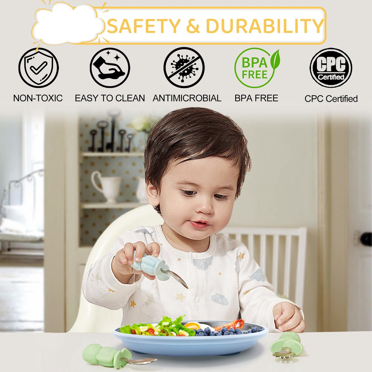 5-Piece Set - Children's Plate - Baby Plate in Stainless Steel - BPA-Free - Non-Slip - Unbreakable - Removable - Suitable for Children 1-3 Years Old - Includes Plate, Bowl, Cup, Fork, Spoon - Grass Green - Image 4