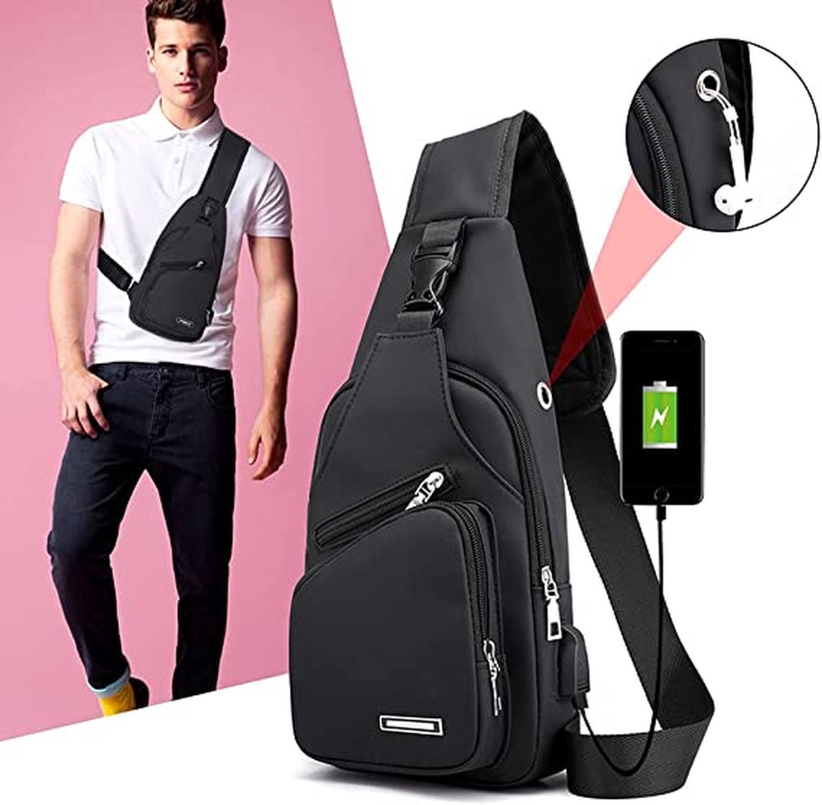 Fanny pack - Shoulder bag - With USB charging port - Men's - Chest bag - Anti-theft - Black - Image 6