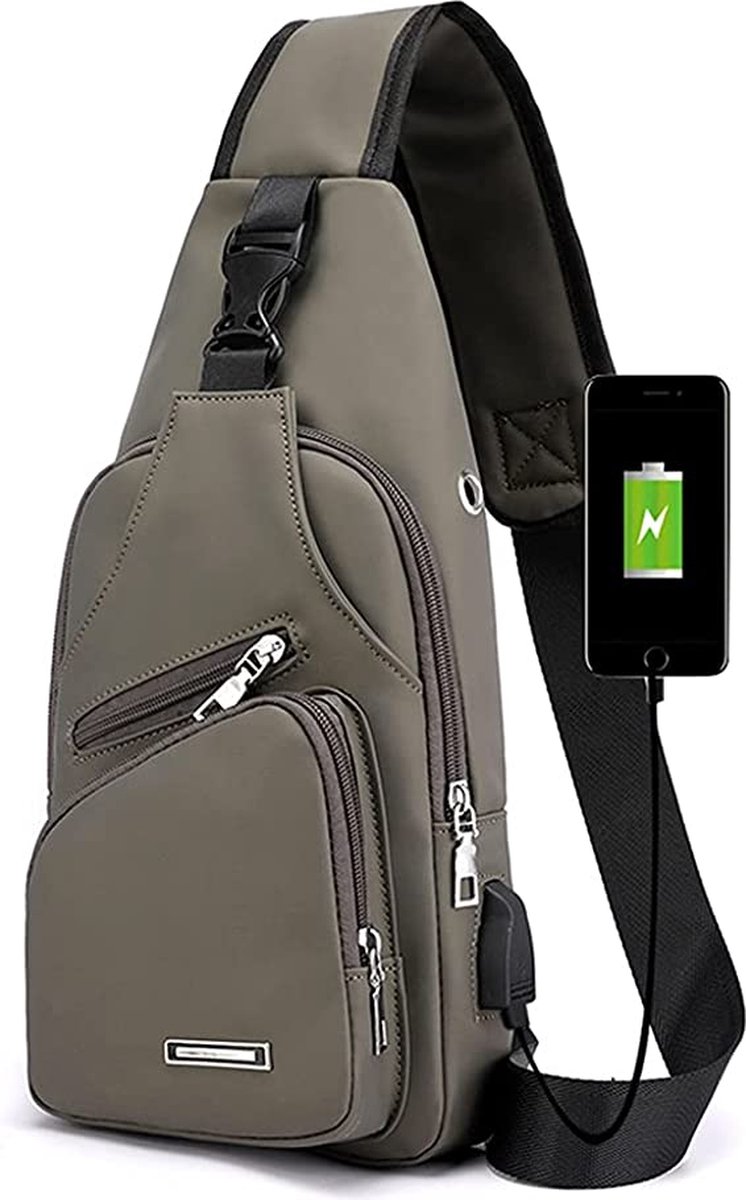 Fanny pack - Shoulder bag - With USB charging port - Men's - Chest bag - Anti-theft - Khaki - Image 1