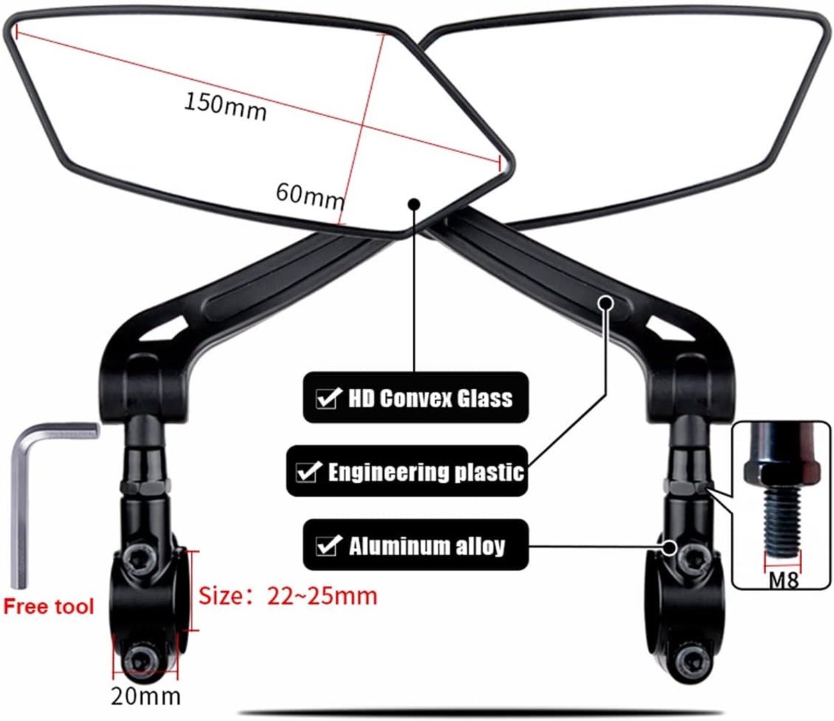 Electric bike rearview mirror, ideal for Father's Day, 360° rotating, compatible with almost all bikes, Allen key included. - Image 8