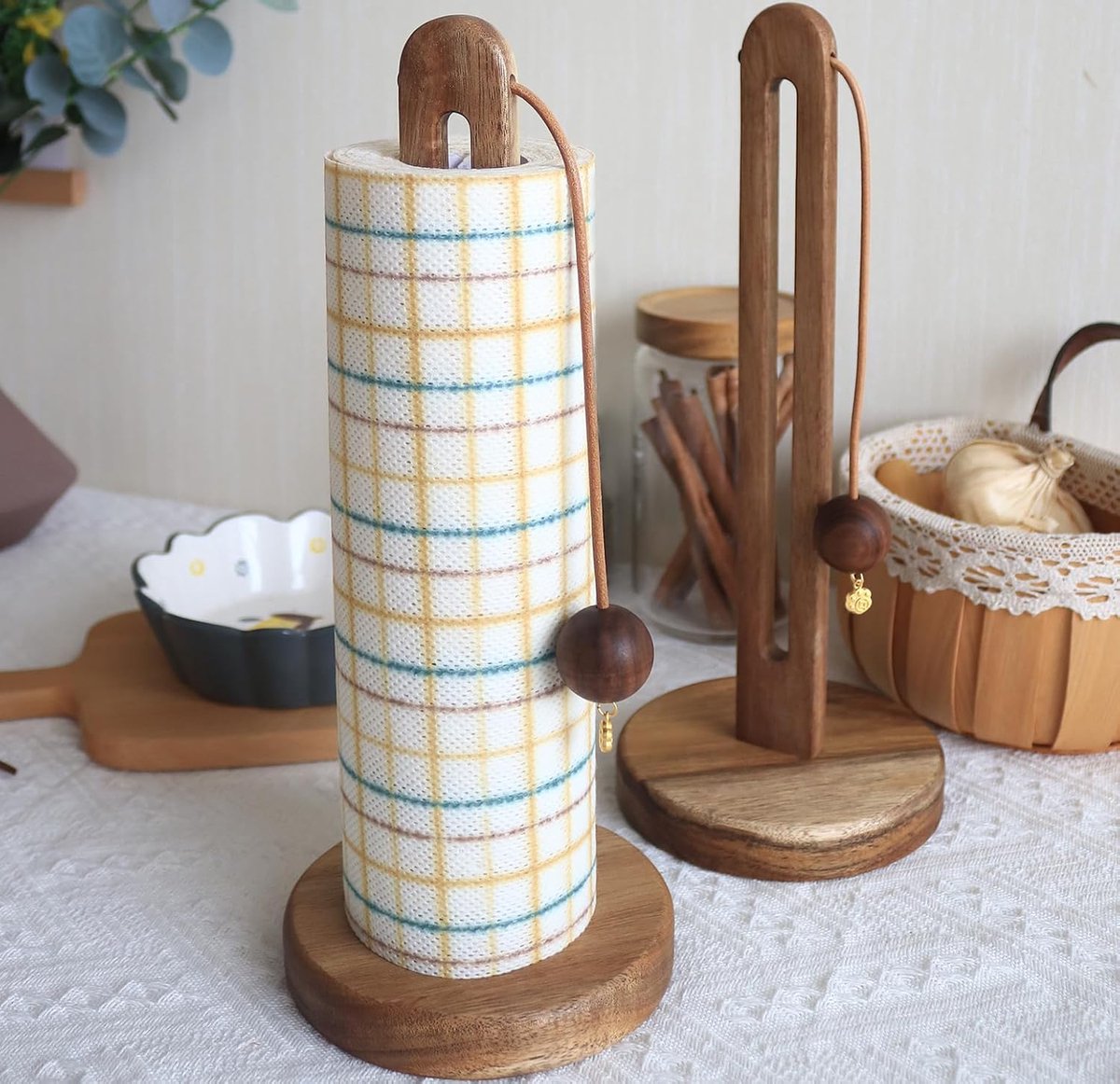 Wooden paper towel roll holder, freestanding farmhouse-style kitchen organizer, compatible with most paper towel rolls - Image 1