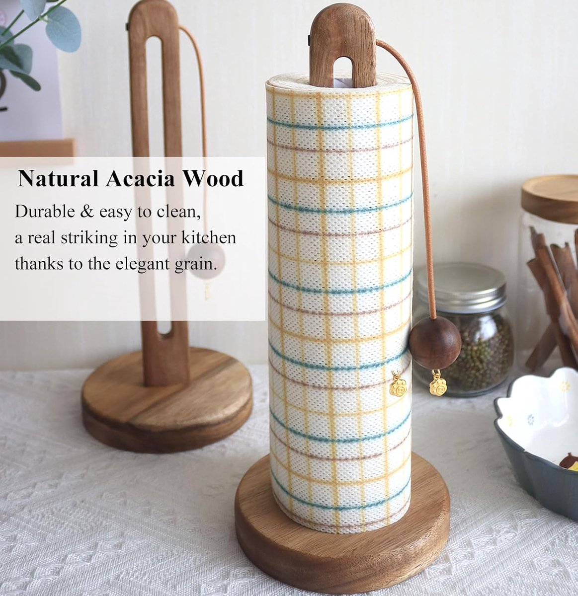 Wooden paper towel roll holder, freestanding farmhouse-style kitchen organizer, compatible with most paper towel rolls - Image 3