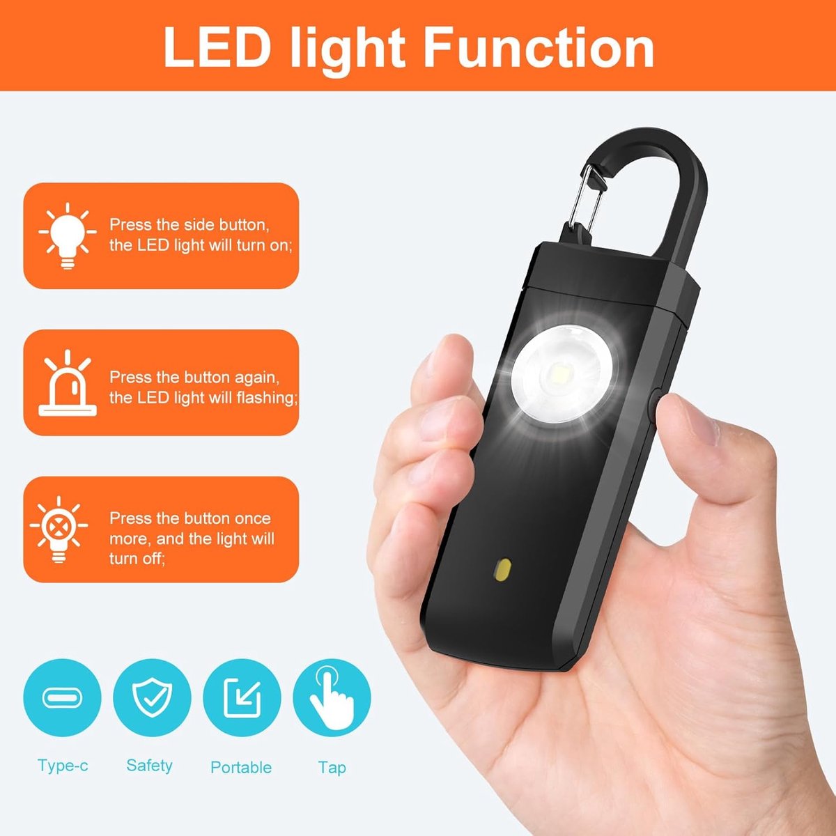 Personal Alarm - Powerful 130dB Sound and Flashing Light - Personal Security Alarm - Self-Defense Keychain - Personal Protection - Emergency Signal - Senior Alarm - Portable Security Alarm - Black - Image 3