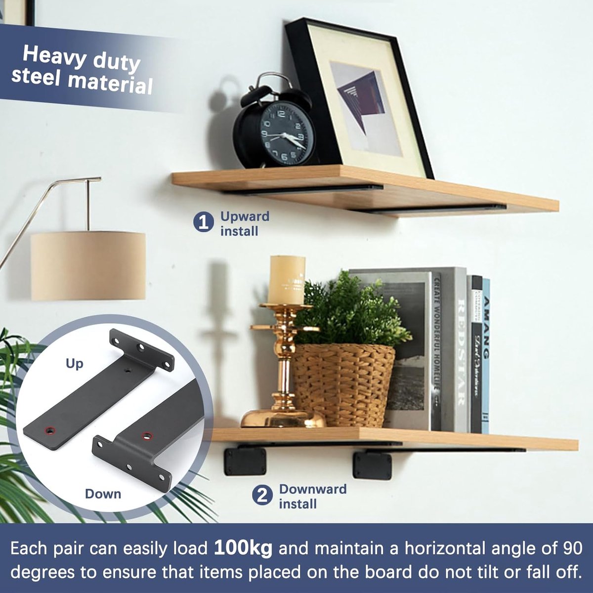 2 pieces - Support frame - Wall bracket - Metal shelf brackets - Floating shelf bracket - Stainless steel bracket - Shelf brackets with thick screws - Furniture accessories - Black - 150 mm - Image 4