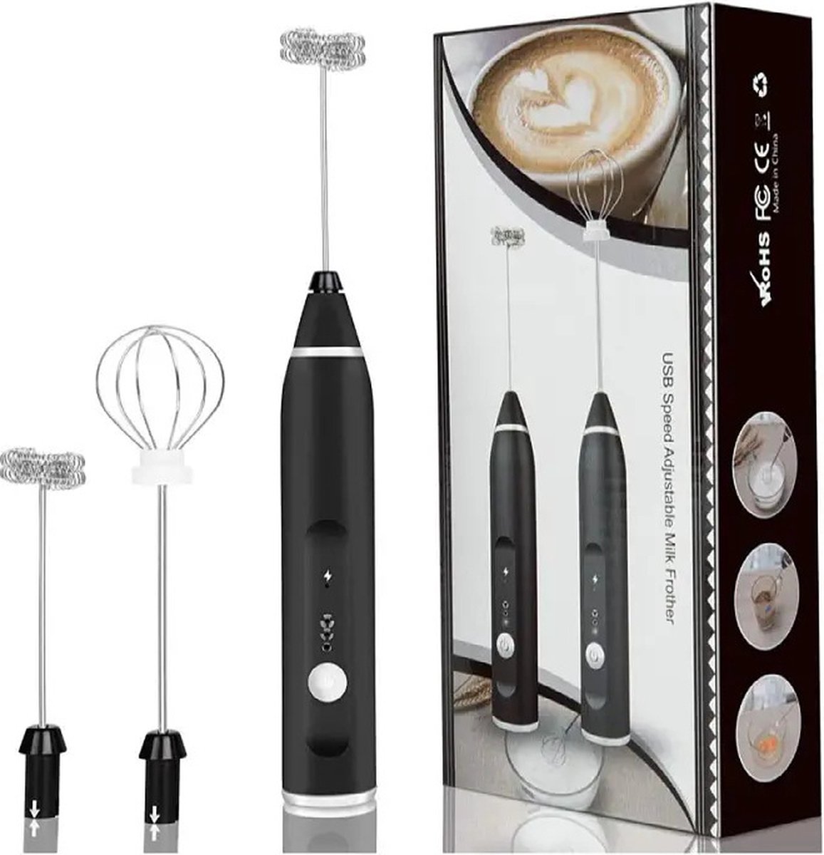 2-in-1 Electric Coffee Frother, USB Rechargeable, Egg Beater, Keep Mixer, Black - Image 1