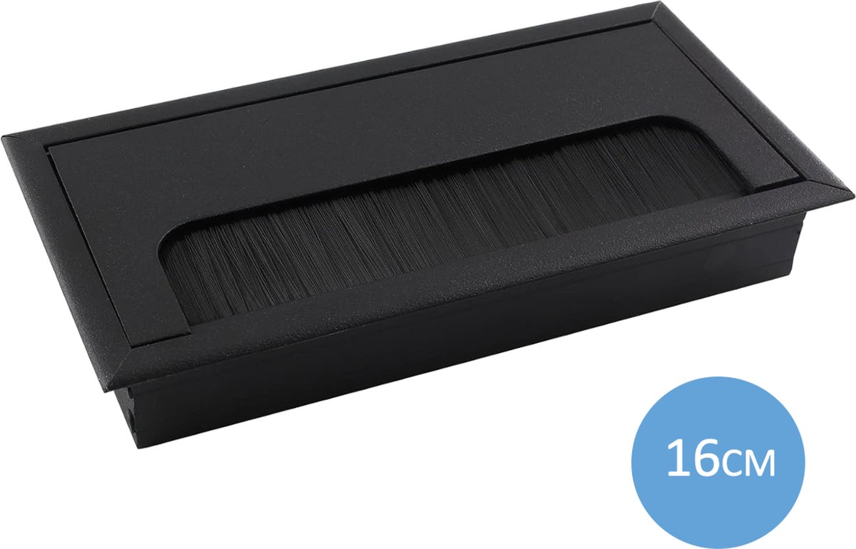 Noble Cable Grommet - Black Aluminum - Rectangle - Desk Cable Tray - Cable Hole with Brush Closure - Cable Organizer - Cable Cover - 16 x 8 cm - Matte Black - Image 1