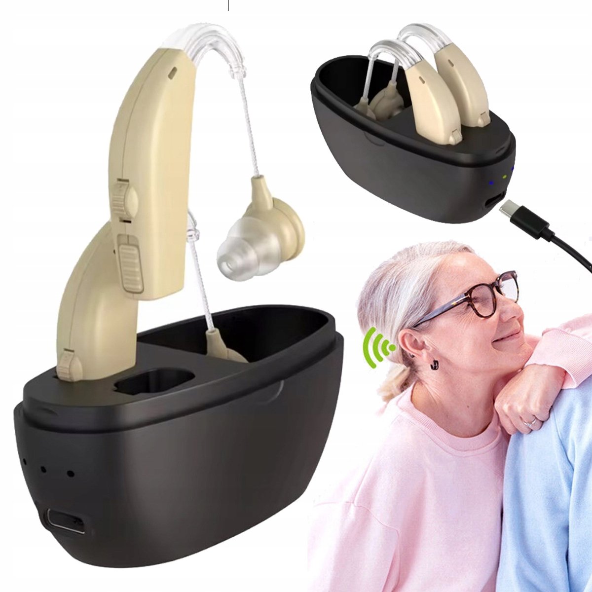 Digital hearing aid - Behind-the-ear sound collector - Rechargeable - Sound amplification - Intelligent noise cancellation - Dynamic speaker - In-ear detection - Image 1