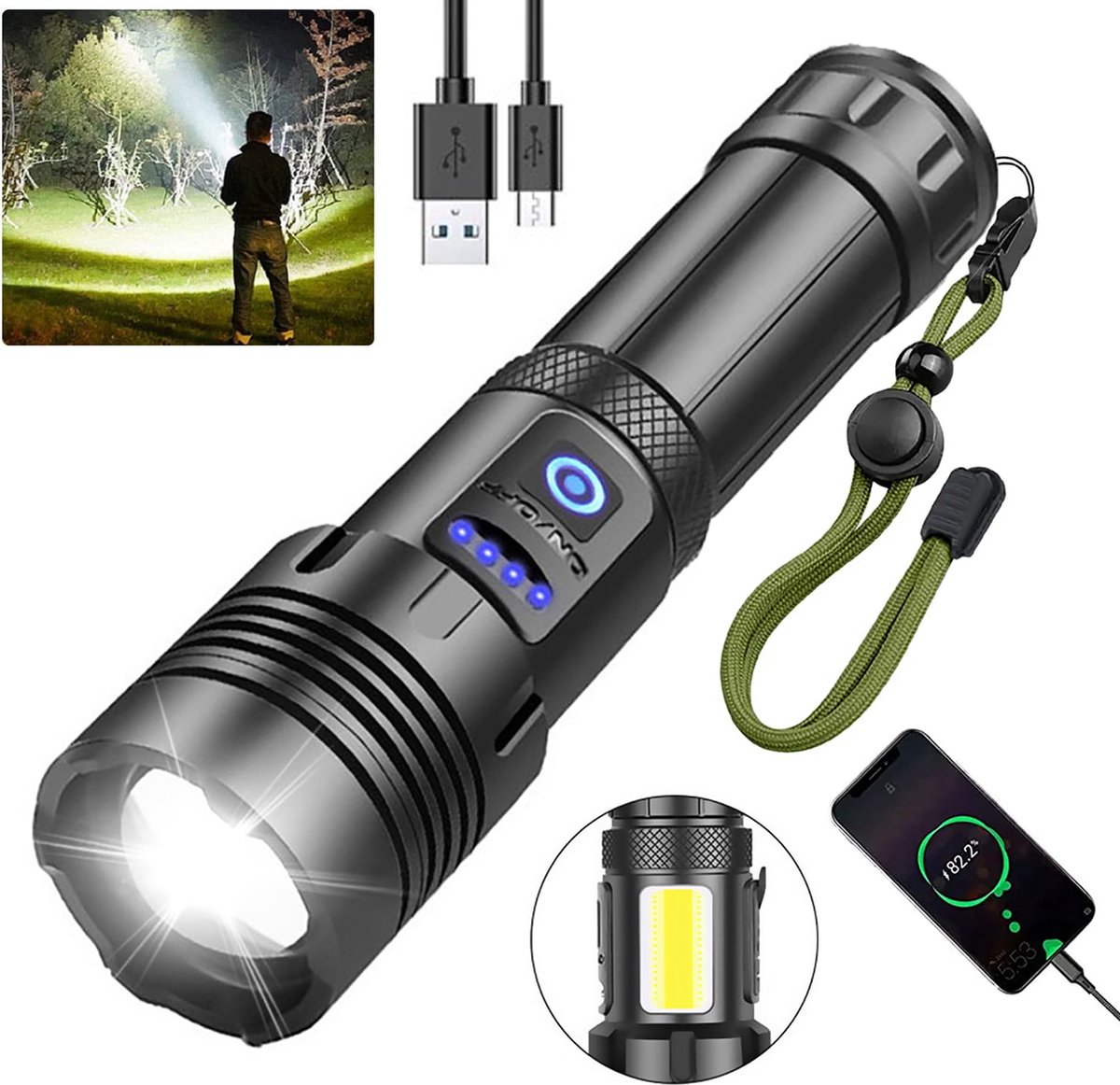 Flashlight - Rechargeable LED - Military Flashlight - 100,000 lumens - with 7 modes - COB side light - Waterproof - For emergencies, camping, home - Image 1