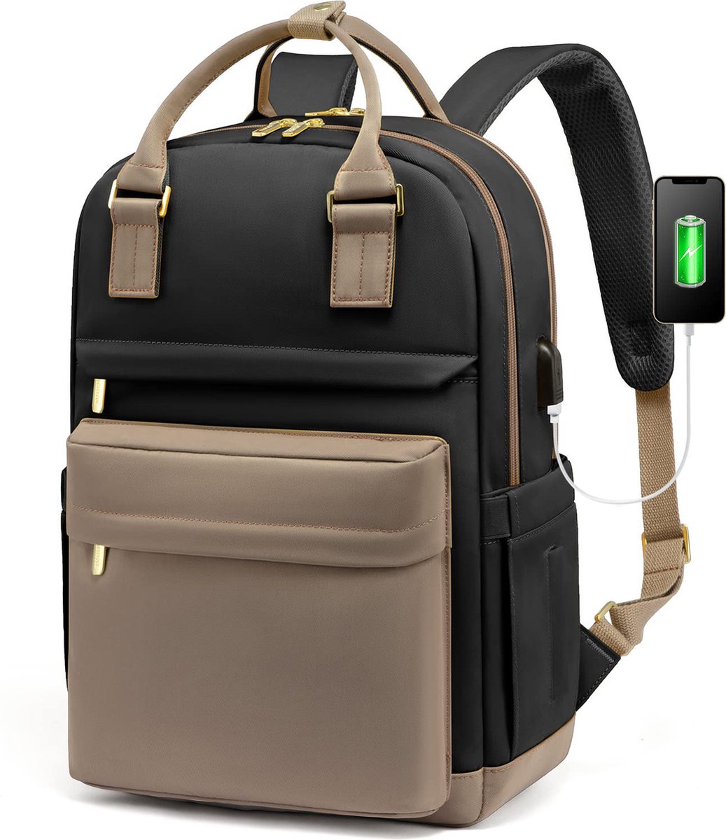 Backpack - Backpack - Ladies - Girls - Women - Laptop - Schoolbag - Work - School - Waterproof - USB - Beige - Brown - Black - Image 1