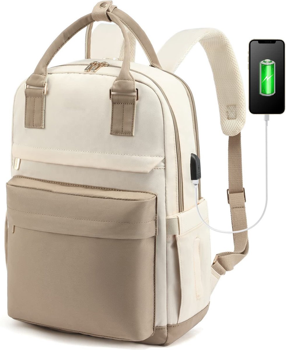 Backpack - Backpack - Ladies - Girls - Women - Laptop - Schoolbag - Work - School - Waterproof - USB - Beige - White - Image 1