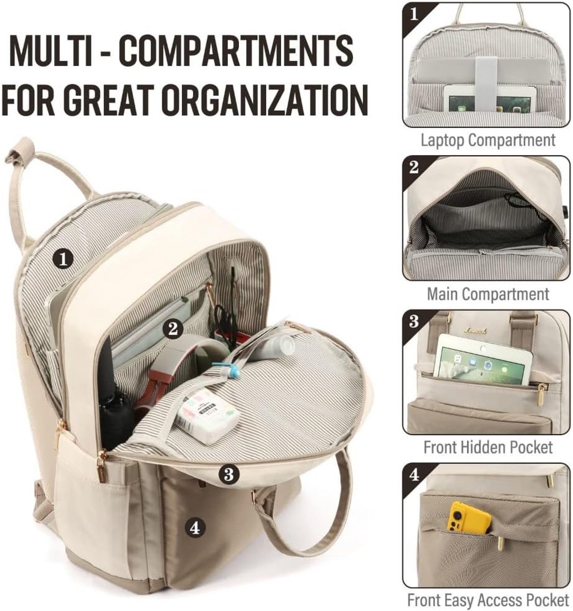 Backpack - Backpack - Ladies - Girls - Women - Laptop - Schoolbag - Work - School - Waterproof - USB - Beige - White - Image 5