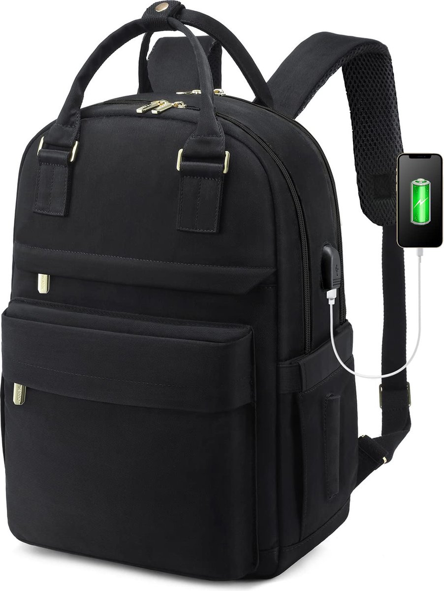 Backpack - Backpack - Ladies - Girls - Women - Laptop - Schoolbag - Work - School - Waterproof - USB - Black - Image 1