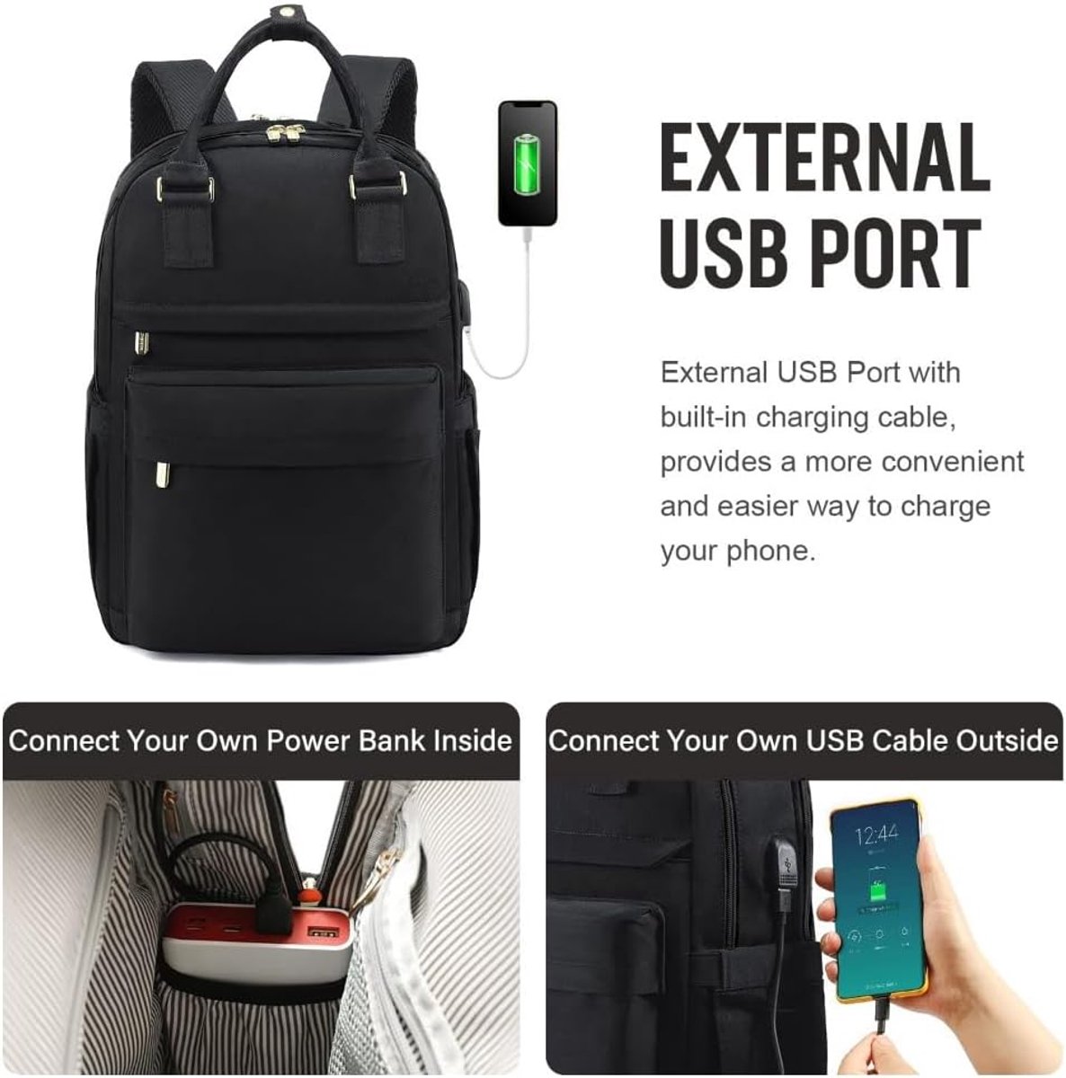 Backpack - Backpack - Ladies - Girls - Women - Laptop - Schoolbag - Work - School - Waterproof - USB - Black - Image 3