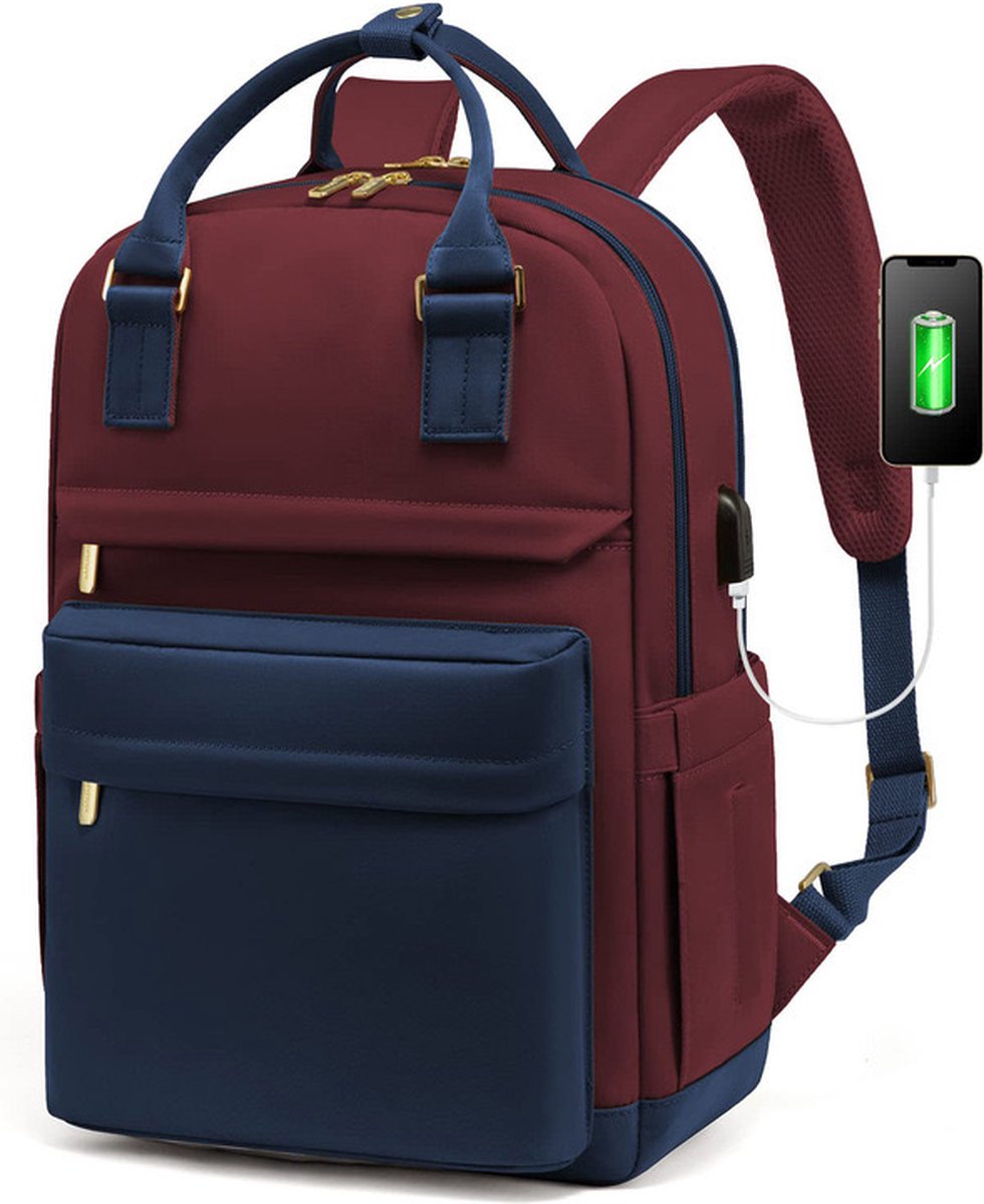 Backpack - Backpack - Ladies - Girls - Women - Laptop - Schoolbag - Work - School - Waterproof - USB - Red - White - Image 1