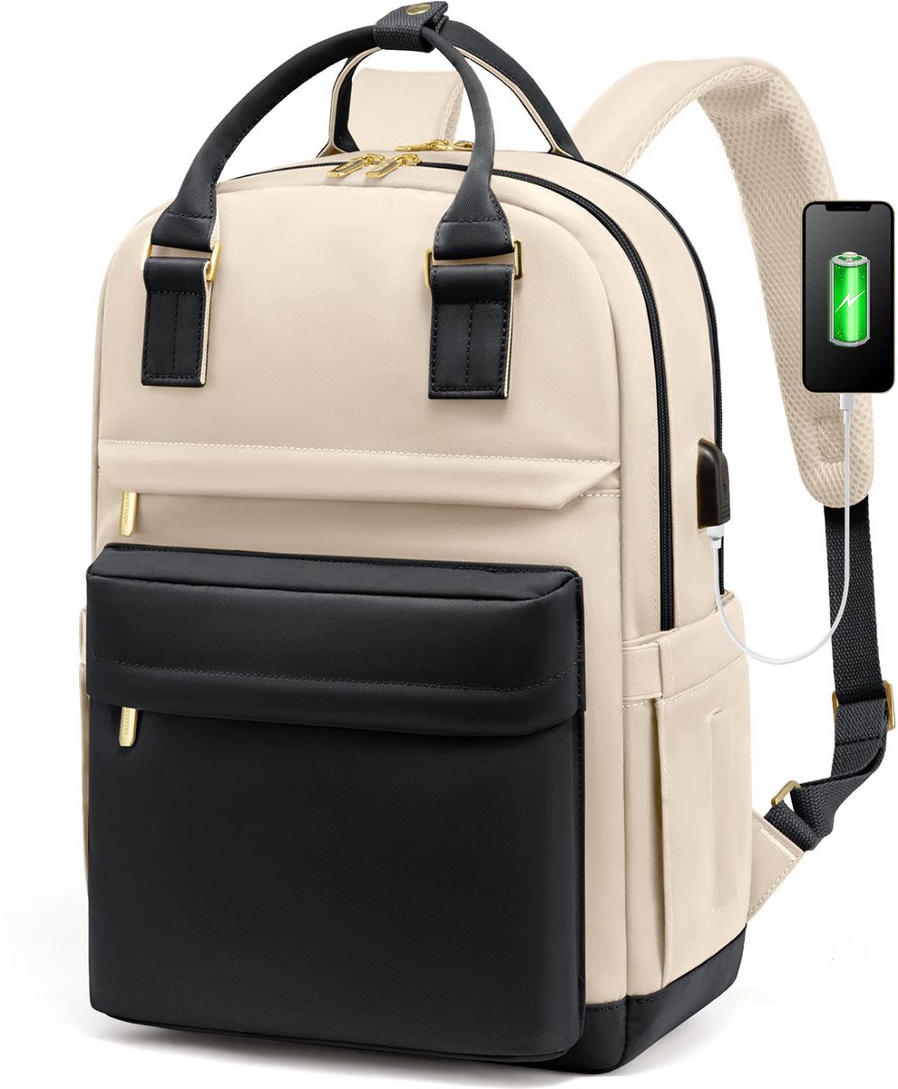 Backpack - Backpack - Ladies - Girls - Women - Laptop - Schoolbag - Work - School - Waterproof - USB - Beige - White - Black - Image 1