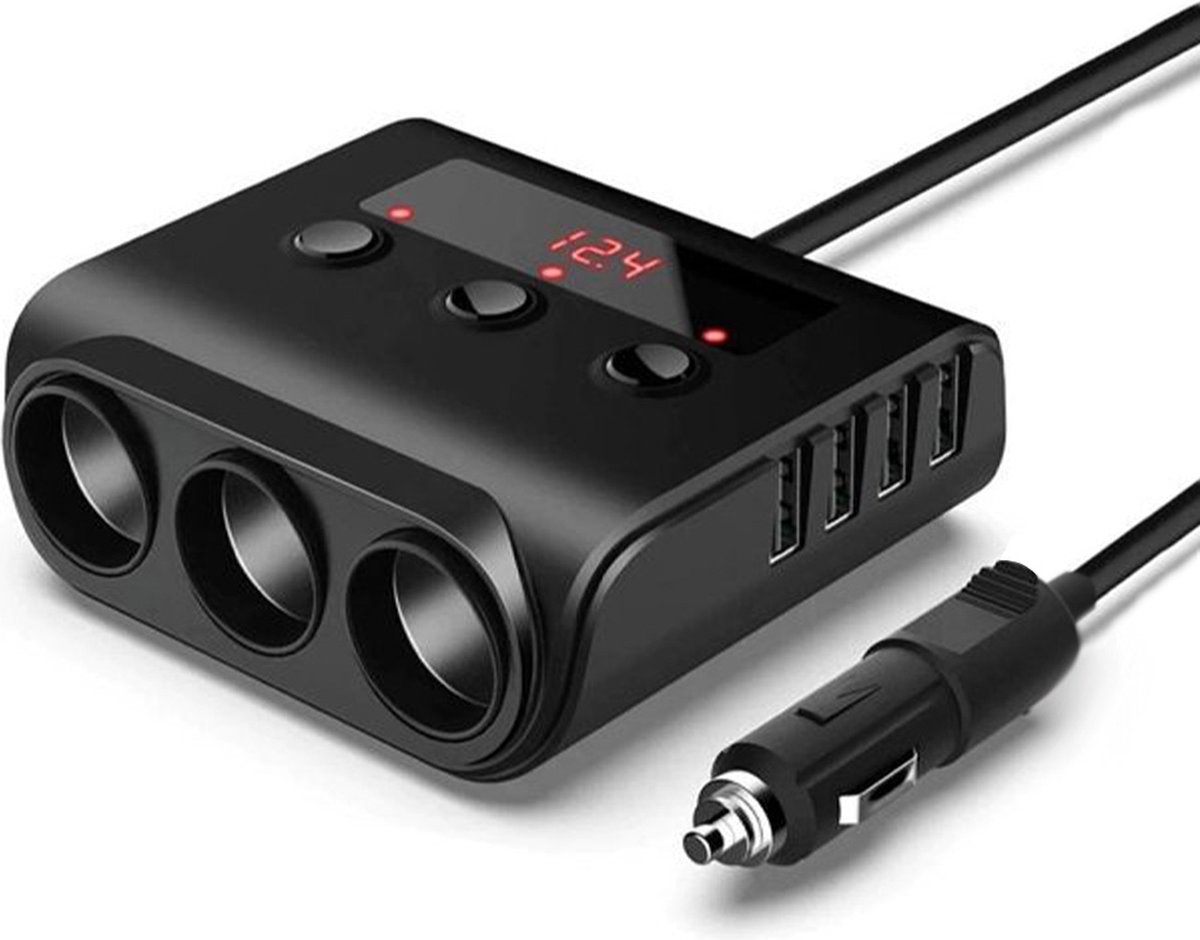 Car cigarette lighter splitter with 12V/24V voltmeter - 4x 5V/3.1A USB inputs - 3 cigarette lighter sockets - car charger - car accessories - SIG04USB - Black - Image 1