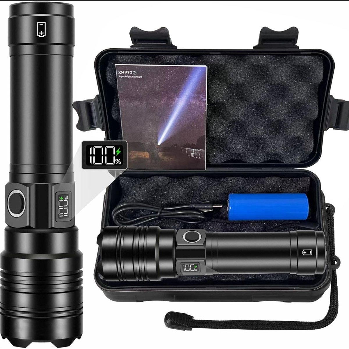 Rechargeable 50,000 lumen flashlight, long range, ultra-bright USB-C LED, long battery life, 5 modes, powerful zoomable flashlights, for emergencies, hiking and camping. - Image 1