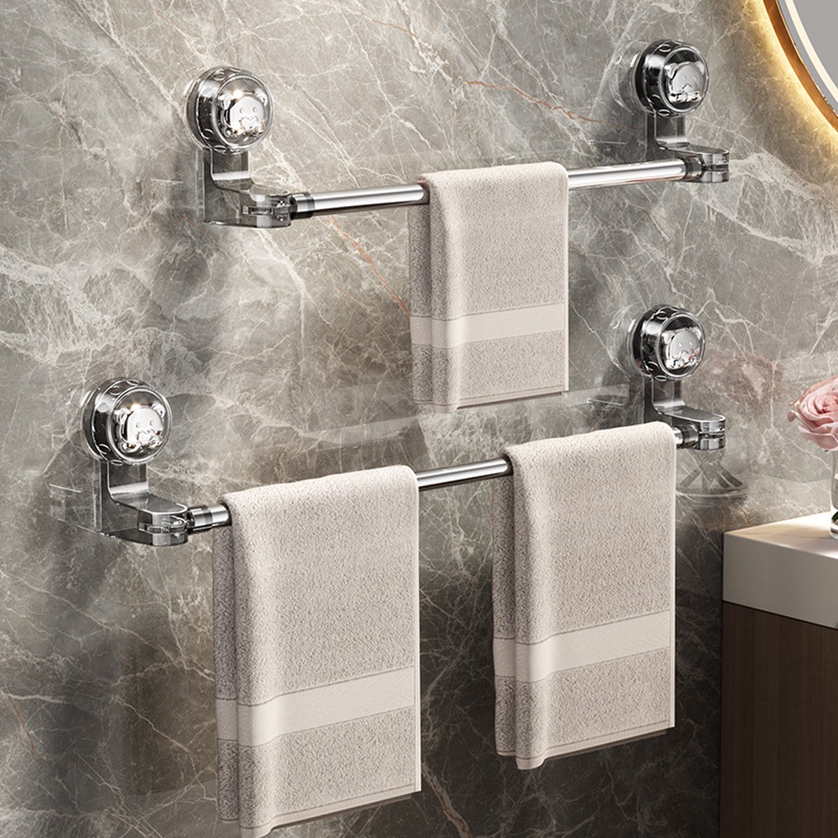 Extendable towel rail 30-60 cm - Bathroom towel rack - Suction cup towel rack without end caps - For bathroom, kitchen - Rotating - Corner towel rack - Wall mounted - Image 3