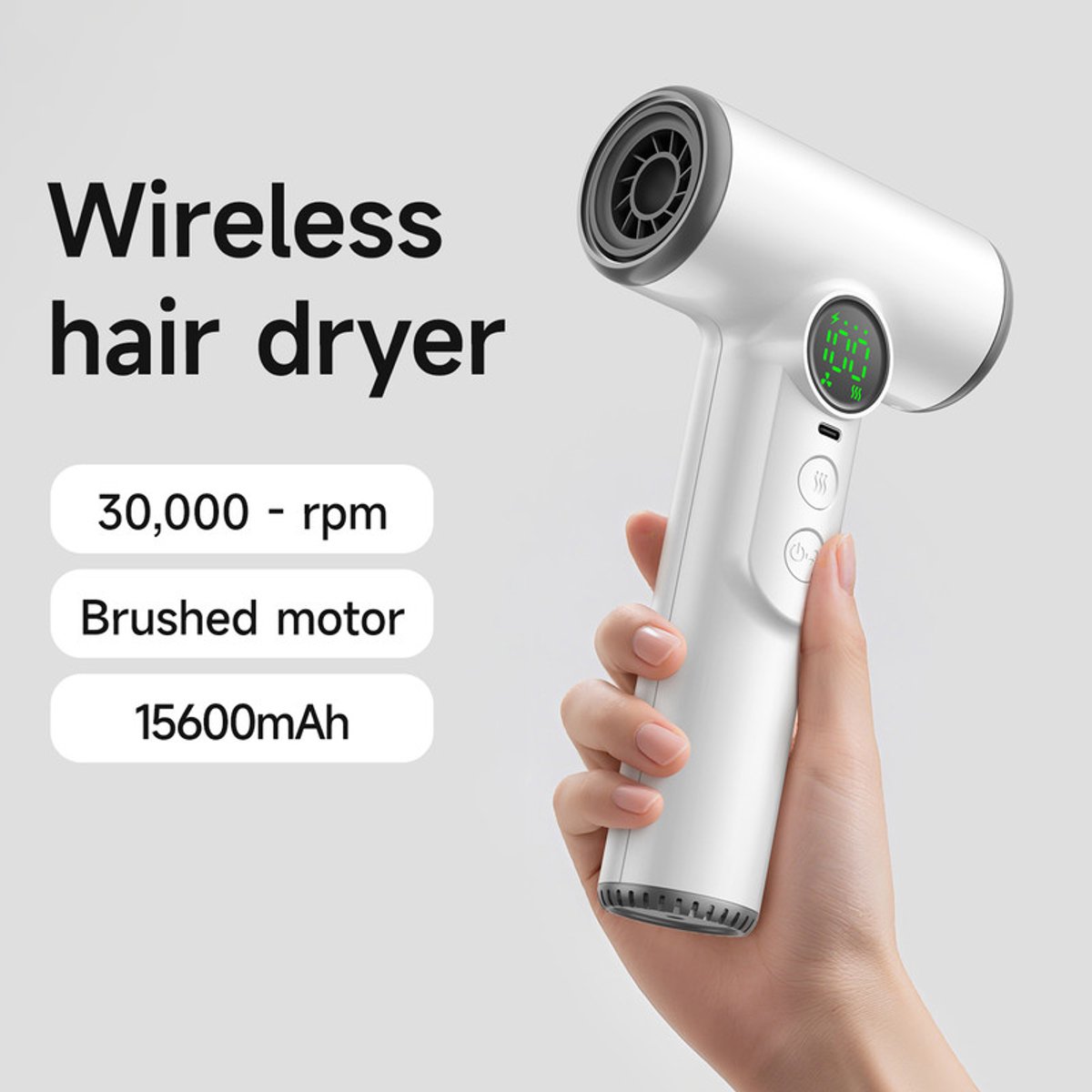 Professional cordless hair dryer - 3 speeds and 3 temperatures, USB rechargeable battery, 200W, portable with digital display for women, beach and camping - Image 6