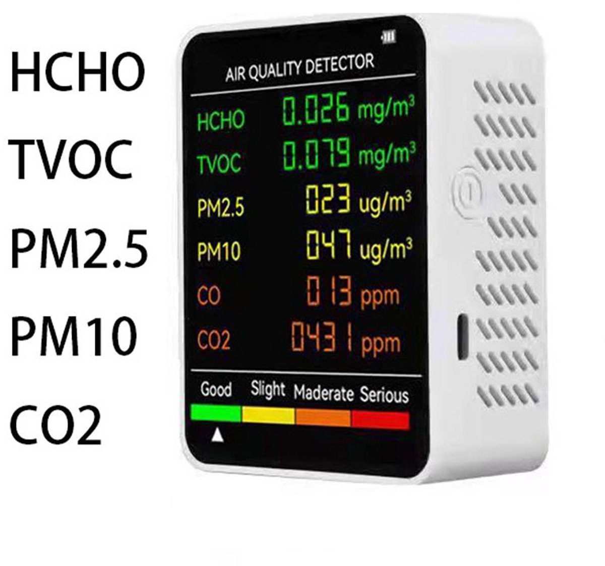 Air Quality Monitor - 6 Functions - Detects PM2.5, PM10, HCHO, TVOC, CO, CO2 - Suitable for monitoring indoor air, testing office spaces, inspecting car air, and monitoring the outdoor environment - Wit - Image 1